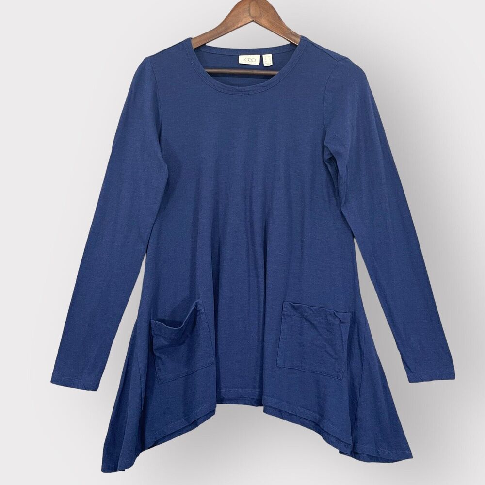 LOGO by Lori Goldstein Knit Top Women XS Blue Asymmetric‎ Hem Cotton Slub